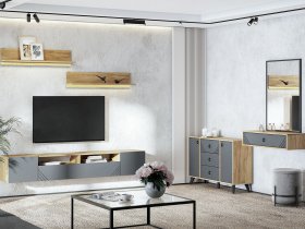 Модульная гостиная Байкал (дуб крафт золотой/графит) в Сангаре - sangar.mebel-nsk.ru | фото